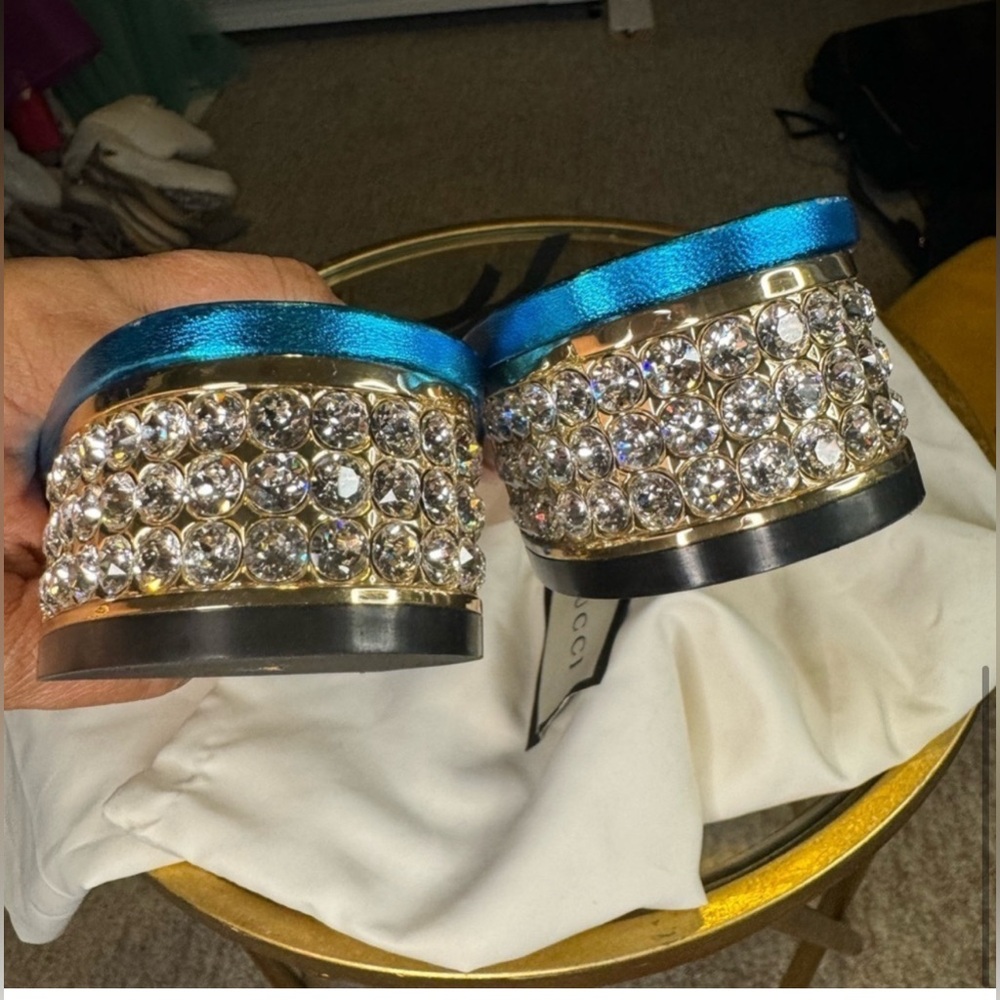 Gucci Metallic Blue Embellished Mules - Picture 4 of 11
